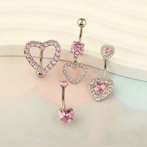 NIP Stainless Steel Belly Button Ring Jewelry Set Cubic Zirconia - Love + Hearts